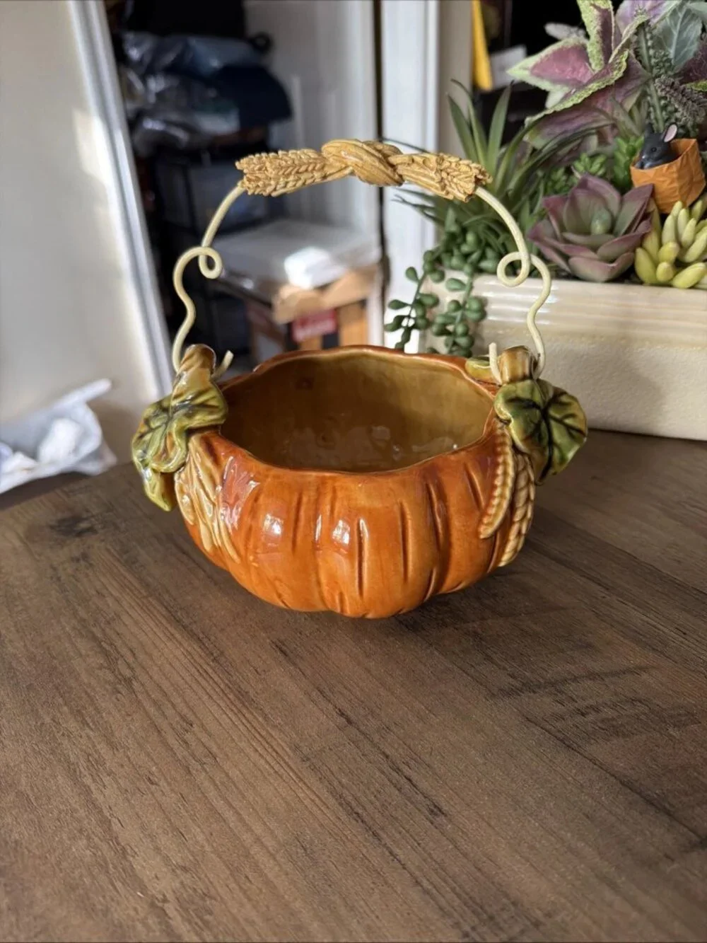Vintage Ceramic Pumpkin Harvest Basket With Wheat Stalk Motif On The Handle